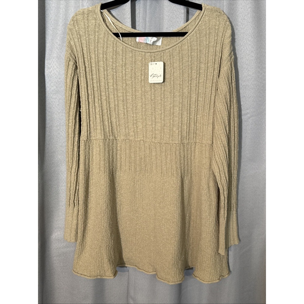 NWT Free People Beach Delancey Ribbed Knit Babydoll Tunic Top Sweater Beige M
